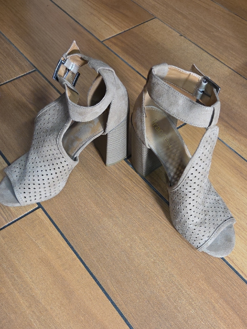 Francesca's Collections Taupe Suede Perforated Block Heel Sandals
